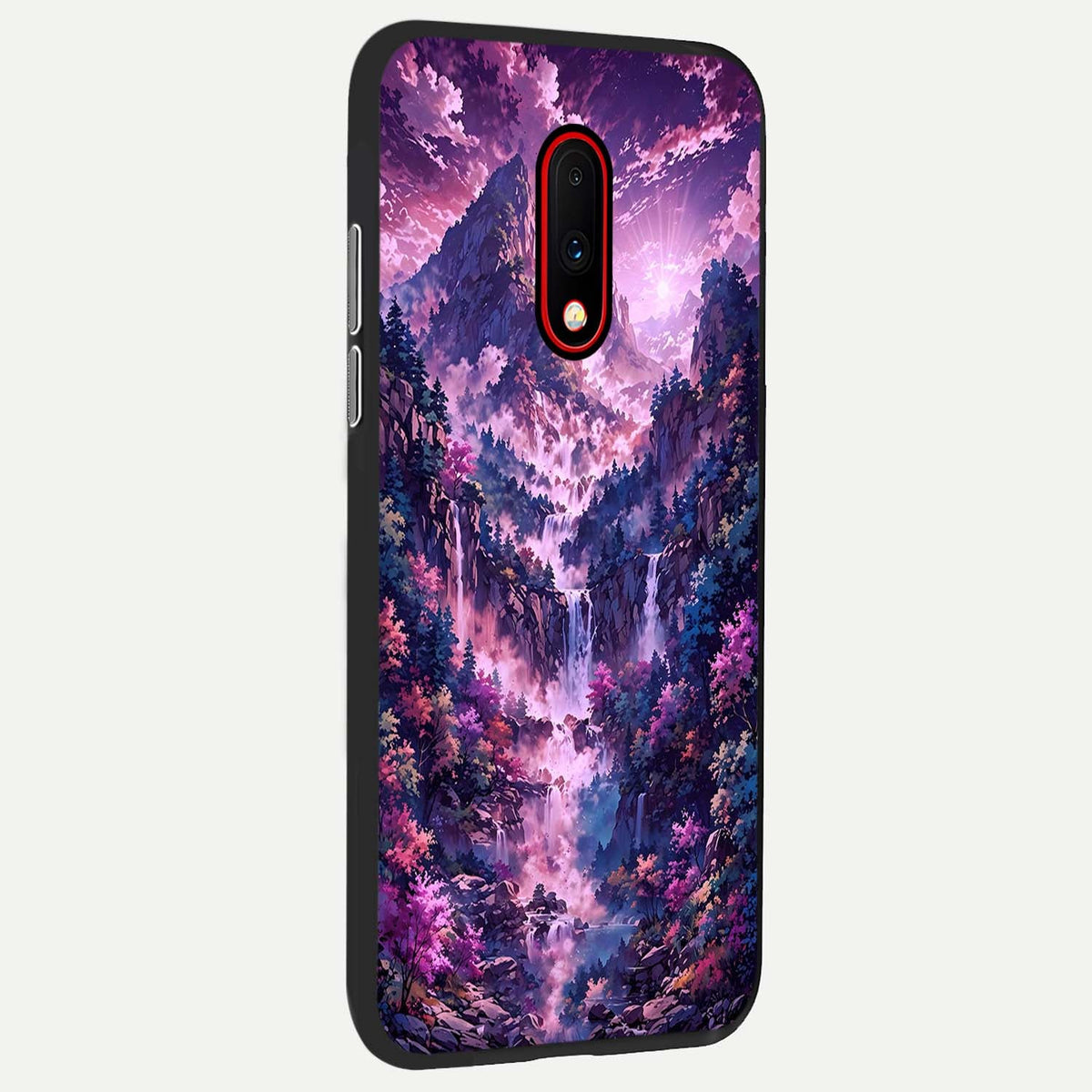 Mystic Cascade Peaks back cover For OnePlus 7 slim fit glass case with vibrant aesthetic design