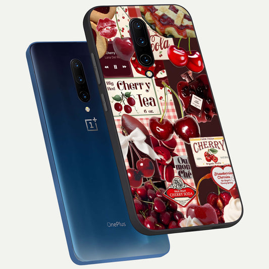 Aesthetic Cherry Tea phone case For OnePlus 7 Pro showing premium glass back cover with detailed artwork