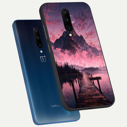 Beautiful Mountain View phone case For OnePlus 7 Pro showing premium glass back cover with detailed artwork