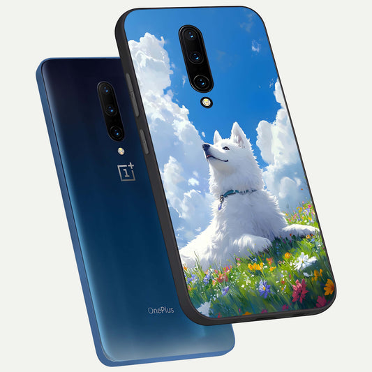 Blissful Cloud Pup phone case For OnePlus 7 Pro showing premium glass back cover with detailed artwork