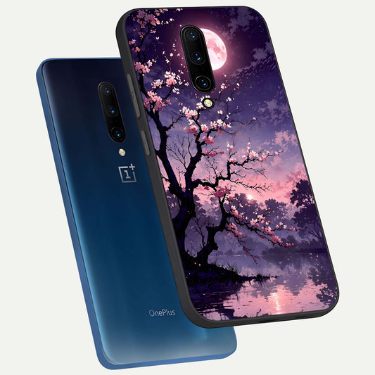 Blossom Pink Moon phone case For OnePlus 7 Pro showing premium glass back cover with detailed artwork