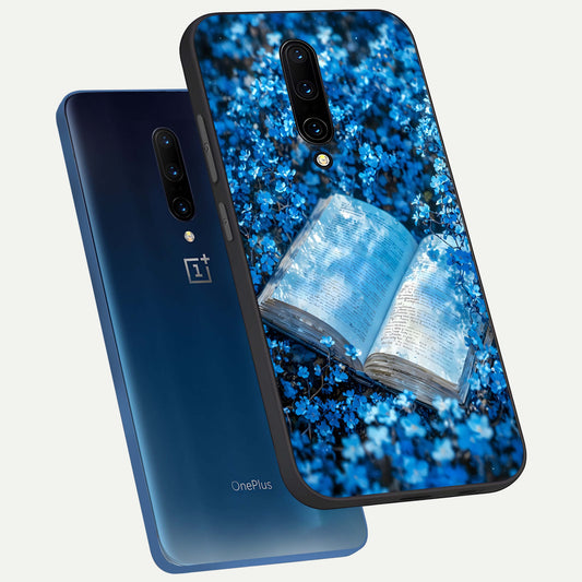 Blue Bloom Tales phone case For OnePlus 7 Pro showing premium glass back cover with detailed artwork