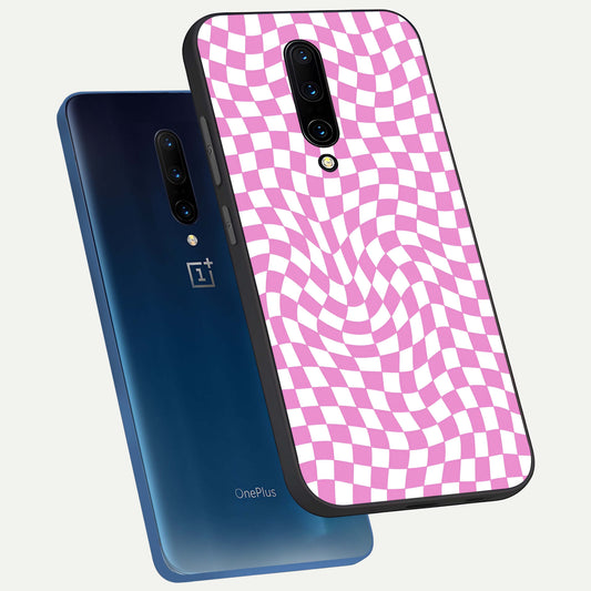 Bubblegum Check Wave phone case For OnePlus 7 Pro showing premium glass back cover with detailed artwork