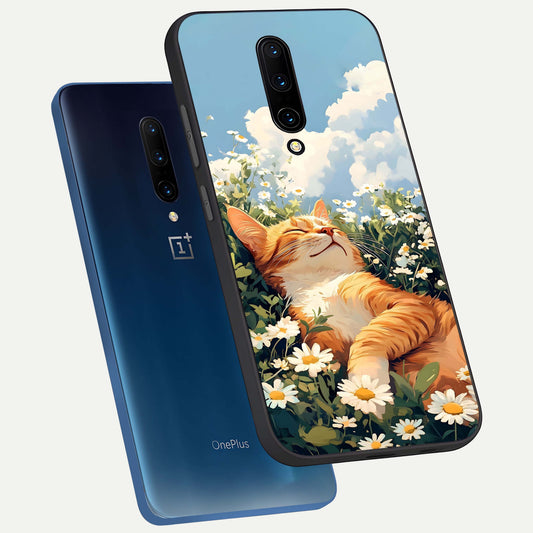 Cat And Flowers View phone case For OnePlus 7 Pro showing premium glass back cover with detailed artwork