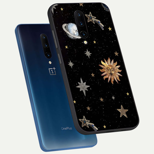 Celestial Moon With Stars phone case For OnePlus 7 Pro showing premium glass back cover with detailed artwork