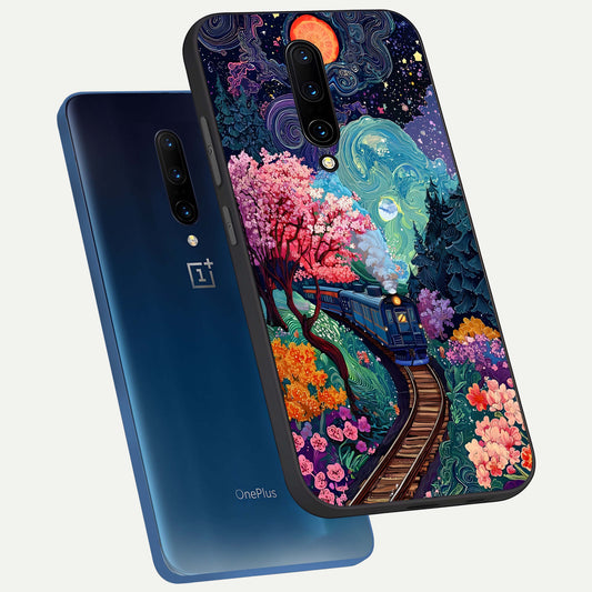 Celestial Train Journey phone case For OnePlus 7 Pro showing premium glass back cover with detailed artwork