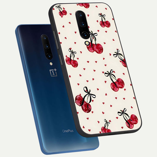 Cherry Heart Bow phone case For OnePlus 7 Pro showing premium glass back cover with detailed artwork