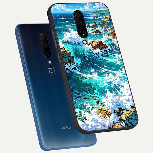 Coastal Blue Waves phone case For OnePlus 7 Pro showing premium glass back cover with detailed artwork
