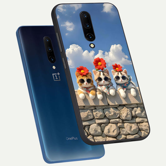 Floral Kitty Squad phone case For OnePlus 7 Pro showing premium glass back cover with detailed artwork