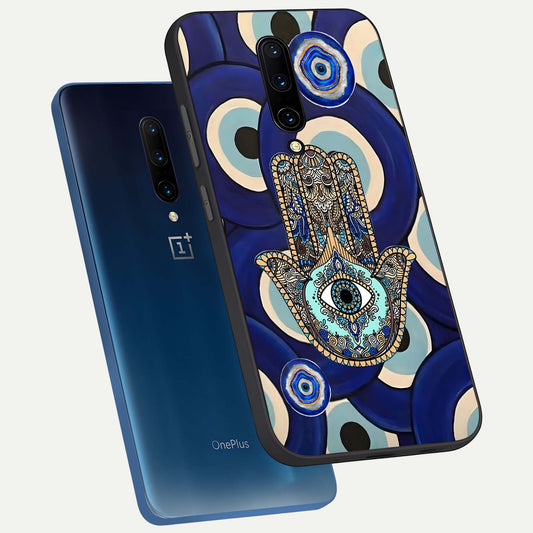 Hamsa Divine Guard phone case For OnePlus 7 Pro showing premium glass back cover with detailed artwork