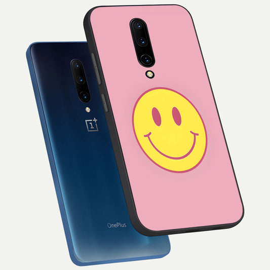 Happy Pink Mood phone case For OnePlus 7 Pro showing premium glass back cover with detailed artwork