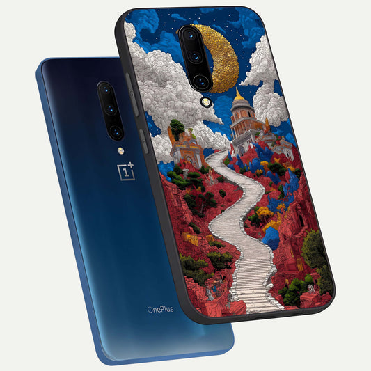 Heavenly Moon Path phone case For OnePlus 7 Pro showing premium glass back cover with detailed artwork