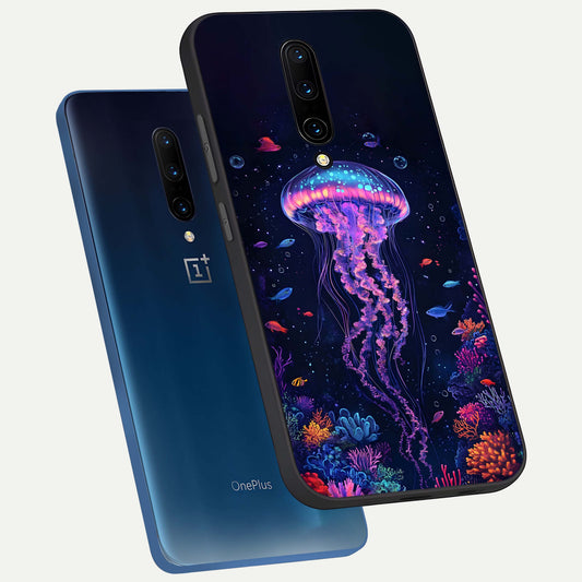 Neon Jellyfish phone case For OnePlus 7 Pro showing premium glass back cover with detailed artwork