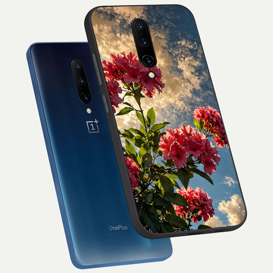 Red Bloom Skies phone case For OnePlus 7 Pro showing premium glass back cover with detailed artwork