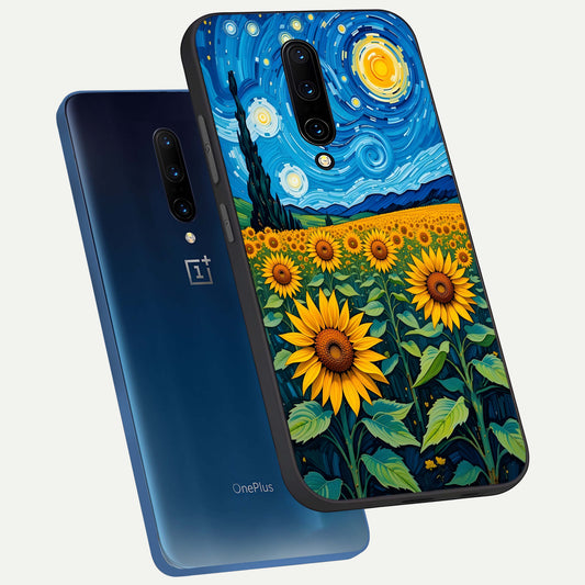 Starry Sunflower Dreams phone case For OnePlus 7 Pro showing premium glass back cover with detailed artwork