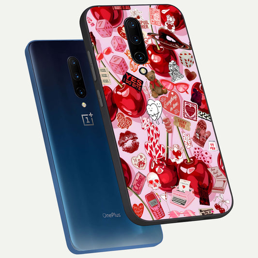 Sweet Cherry Chaos phone case For OnePlus 7 Pro showing premium glass back cover with detailed artwork