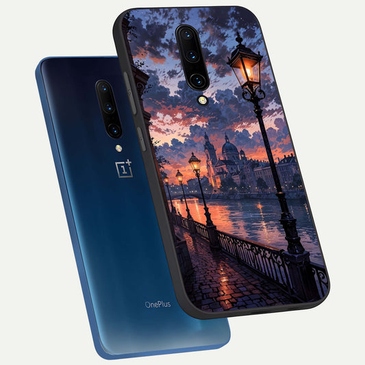 Twilight River Lights phone case For OnePlus 7 Pro showing premium glass back cover with detailed artwork