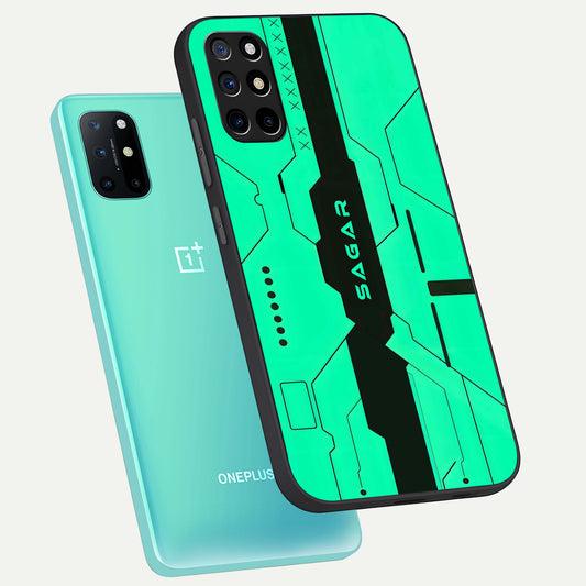 Aqua Tech CYBERPUNK Custom Name phone case For OnePlus 8T showing premium glass back cover with detailed artwork