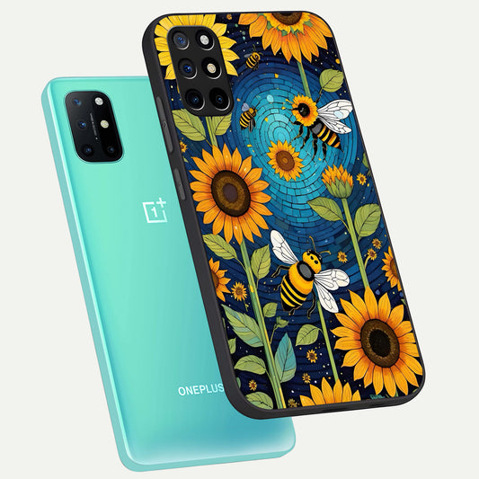 Bees And Sunflowers phone case For OnePlus 8T showing premium glass back cover with detailed artwork