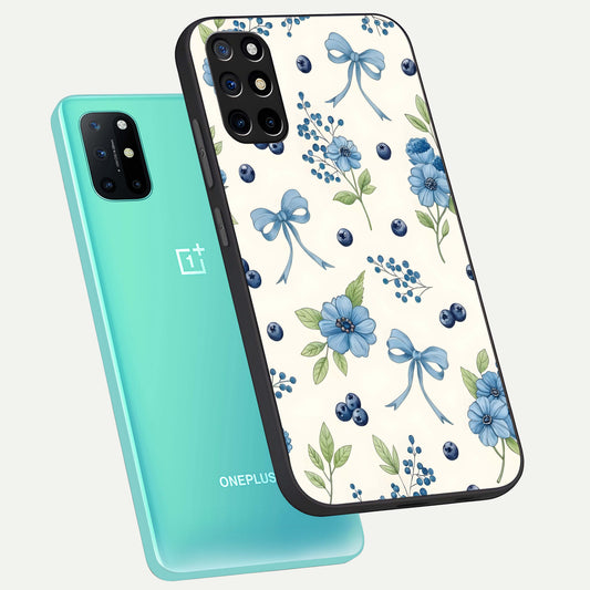 Blue Flower And Bow phone case For OnePlus 8T showing premium glass back cover with detailed artwork