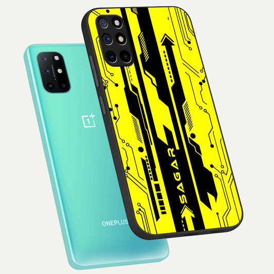 Electric Pulse CYBERPUNK Custom Name phone case For OnePlus 8T showing premium glass back cover with detailed artwork