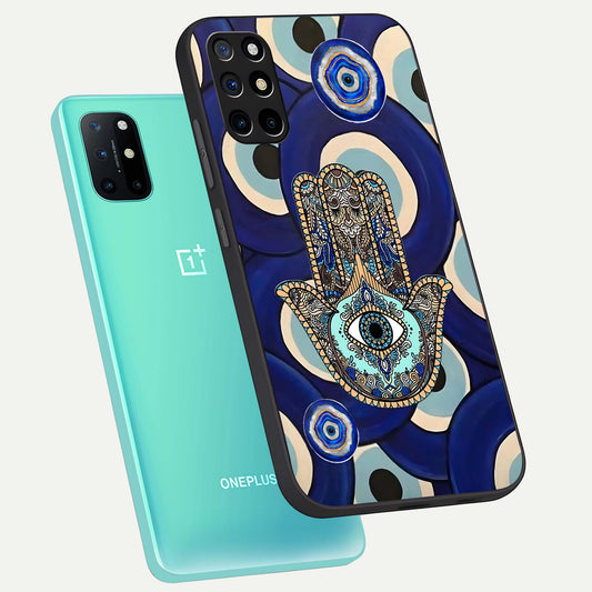 Hamsa Divine Guard phone case For OnePlus 8T showing premium glass back cover with detailed artwork