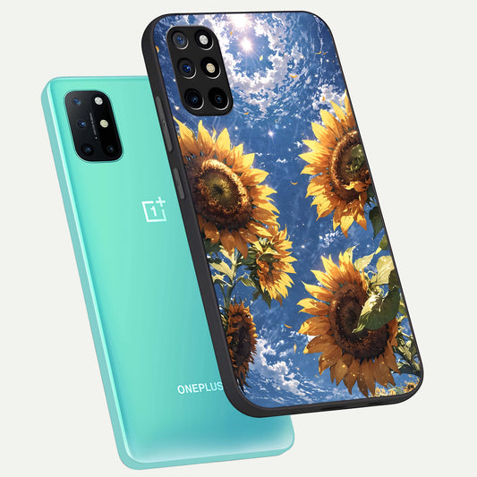 Heavenly Sunflower Rise phone case For OnePlus 8T showing premium glass back cover with detailed artwork
