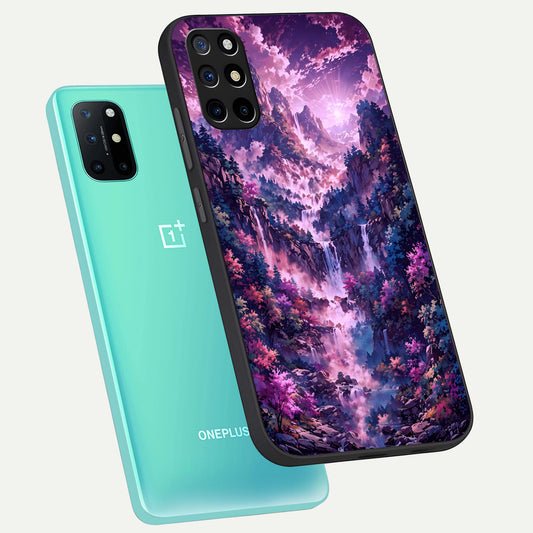 Mystic Cascade Peaks phone case For OnePlus 8T showing premium glass back cover with detailed artwork