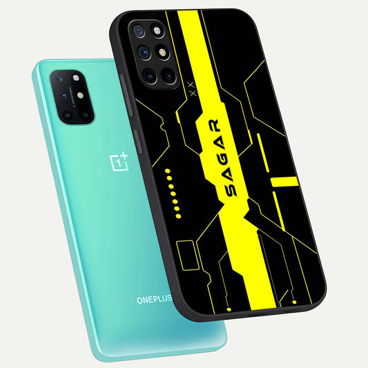 Neon CYBERPUNK Custom Name phone case For OnePlus 8T showing premium glass back cover with detailed artwork