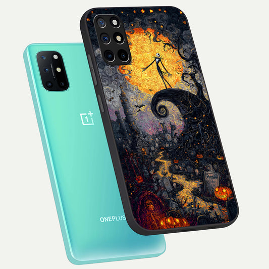 Pumpkin Moon Night phone case For OnePlus 8T showing premium glass back cover with detailed artwork