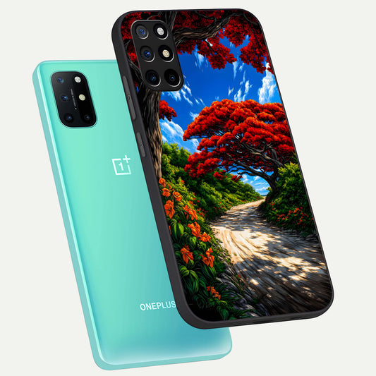 Red Trees Pathway phone case For OnePlus 8T showing premium glass back cover with detailed artwork