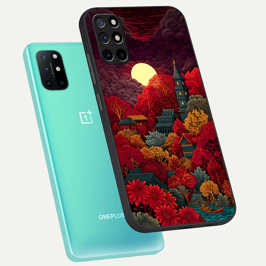 Scarlet Autumn Temple phone case For OnePlus 8T showing premium glass back cover with detailed artwork