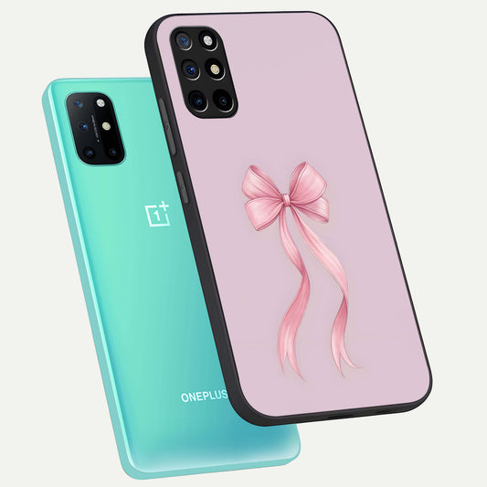 Soft Blush Bow phone case For OnePlus 8T showing premium glass back cover with detailed artwork