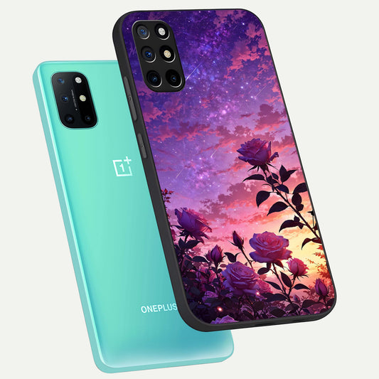 Starlit Rose Twilight phone case For OnePlus 8T showing premium glass back cover with detailed artwork