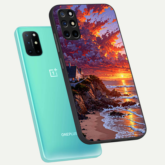 Sunset House By Sea phone case For OnePlus 8T showing premium glass back cover with detailed artwork