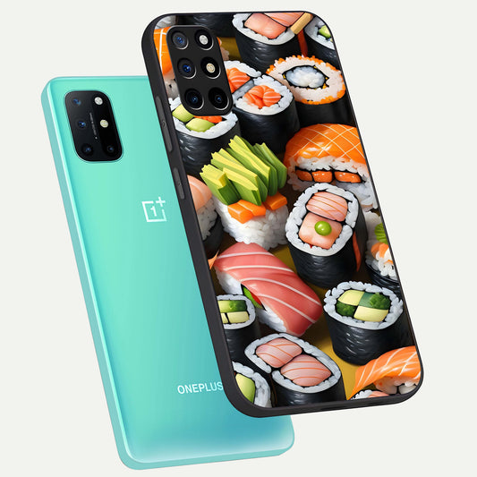 Sushi Food Pattern phone case For OnePlus 8T showing premium glass back cover with detailed artwork