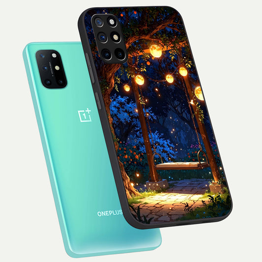 Twilight Garden Swing phone case For OnePlus 8T showing premium glass back cover with detailed artwork