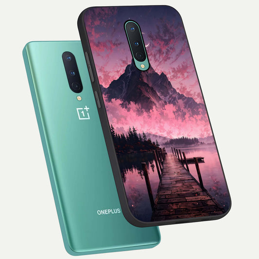 Beautiful Mountain View phone case For OnePlus 8 showing premium glass back cover with detailed artwork