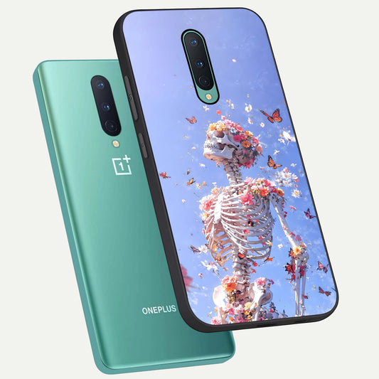 Bloom Beyond Bones phone case For OnePlus 8 showing premium glass back cover with detailed artwork