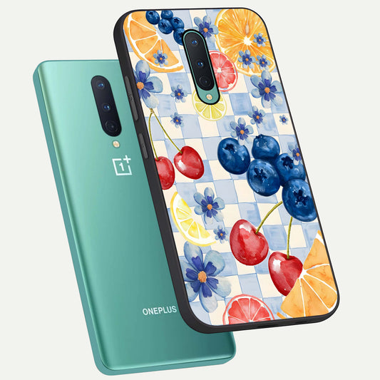 Citrus Bloom Joy phone case For OnePlus 8 showing premium glass back cover with detailed artwork
