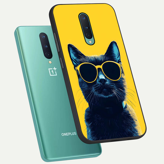 Cool Cat Vibes phone case For OnePlus 8 showing premium glass back cover with detailed artwork