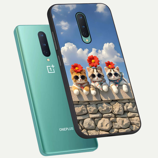 Floral Kitty Squad phone case For OnePlus 8 showing premium glass back cover with detailed artwork