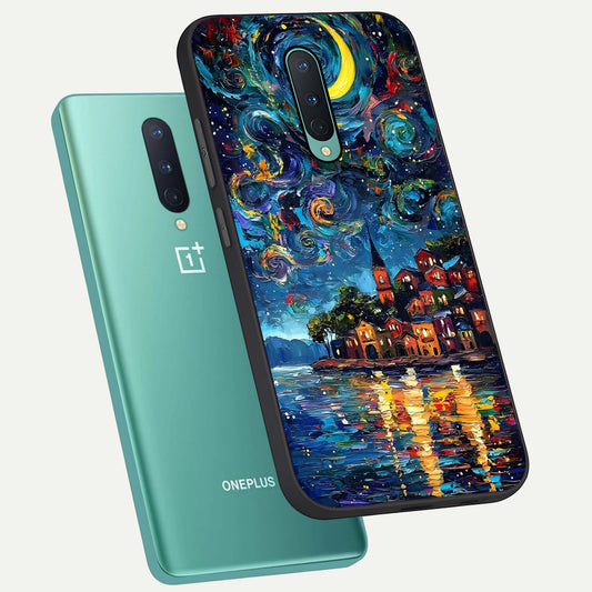 Moonlight Harbor Glow phone case For OnePlus 8 showing premium glass back cover with detailed artwork