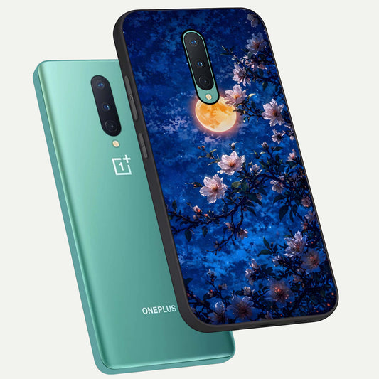 Moonlit Blossoms Night phone case For OnePlus 8 showing premium glass back cover with detailed artwork