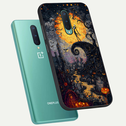 Pumpkin Moon Night phone case For OnePlus 8 showing premium glass back cover with detailed artwork