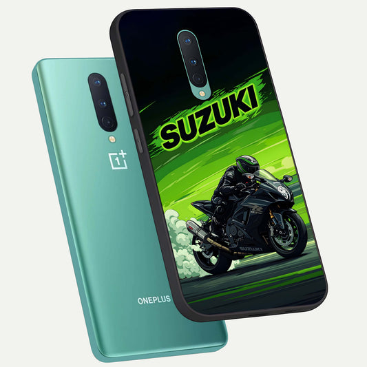 Suzuki Speed Beast phone case For OnePlus 8 showing premium glass back cover with detailed artwork