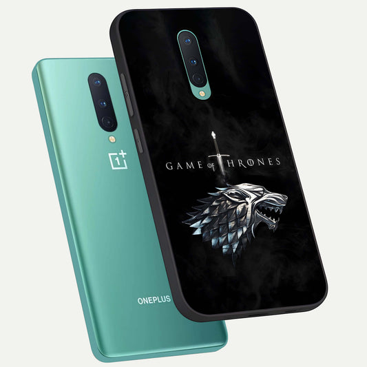 Throne Wolf Legacy phone case For OnePlus 8 showing premium glass back cover with detailed artwork