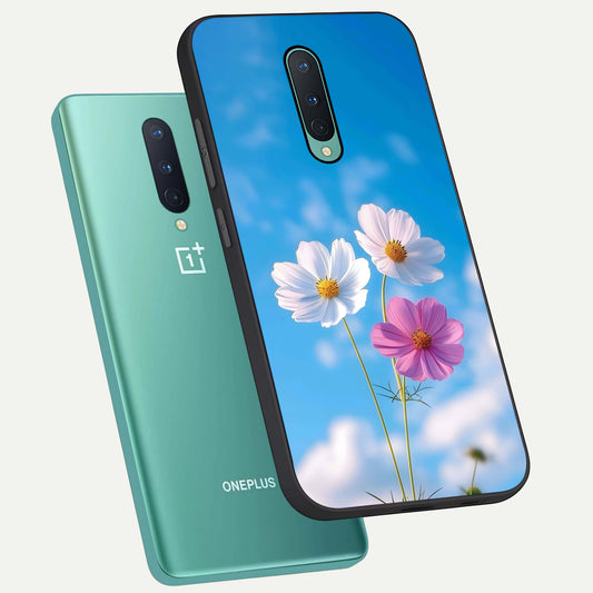 Tripple Flowers With Sky phone case For OnePlus 8 showing premium glass back cover with detailed artwork
