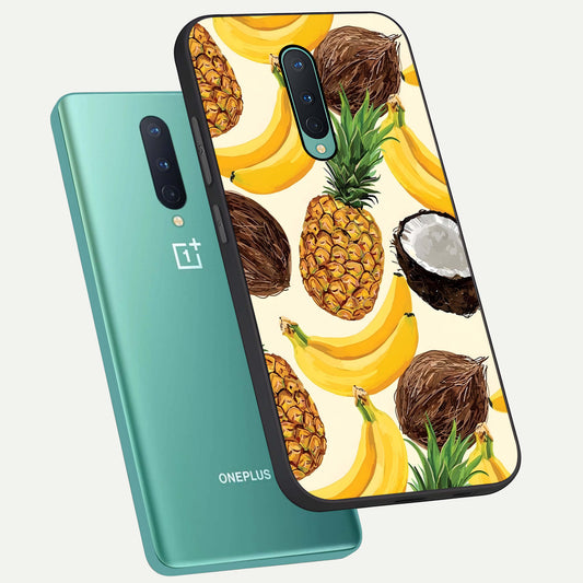 Tropical Fruit Mood phone case For OnePlus 8 showing premium glass back cover with detailed artwork