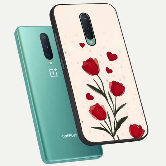 Tulip With Heart phone case For OnePlus 8 showing premium glass back cover with detailed artwork
